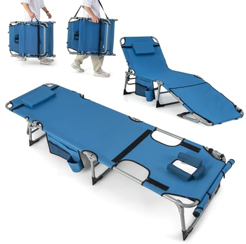 GOPLUS Tumbona Plegable, con Orificio para Cara y Brazos, Respaldo Ajustable en 5 Posiciones, Almohada Extraíble, Reposapiés Ajustable, Bolsillo Lateral y Correa, Tumbona Jardín Playa Piscina (Azul)