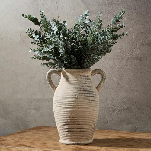 Vaseking Große rustikale Keramikvase mit 2 Griffen, 24,9 cm, weiß gekalktes Terrakotta, dekorative Keramik-Blumenvase für Heimdekoration, Wohnzimmer, Regaldekoration, Eingangsbereich, Tischdekoration,