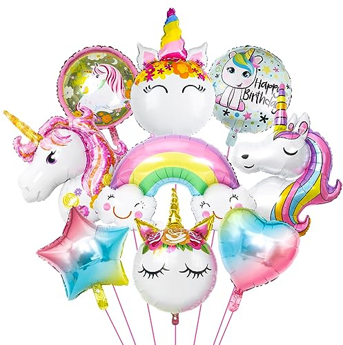 9 Stück Einhorn Luftballons, XXL Folienballons mit Einhorn, Unicorn Ballon Set, Regenbogen Stern Herz Helium Ballons, Runde Einhorn Geburtstags Luftballons für Mädchen Festival Party Dekoration