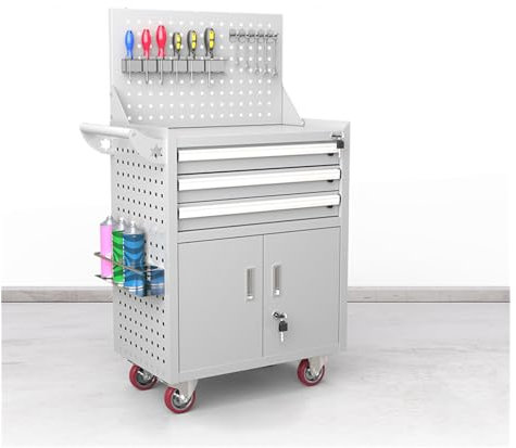 Linmeas-753 Coffre à Outils Roulant avec roulettes, Armoire de Rangement d'outils avec 5 tiroirs, Grande boîte à Outils en métal avec Serrure, Chariot à Outils sur roulettes(Color:White)