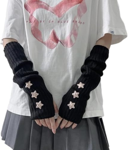 YongXinMY Y2K Armstulpen mit Sternmuster – Damen, halbe Finger, gestrickt, Armstulpen, Lolita, niedlich, fingerlos, Daumenloch, japanische JK Harajuke, bezauberndes Zubehör für süße coole Teenager