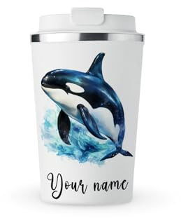 MAXIKIWI – personlig isolerad dubbelväggig, läckagesäker rostfritt stål mugg, kaffe eller te rese tumlare med lock, håller drycker varma och kalla – späckval – 350 ml
