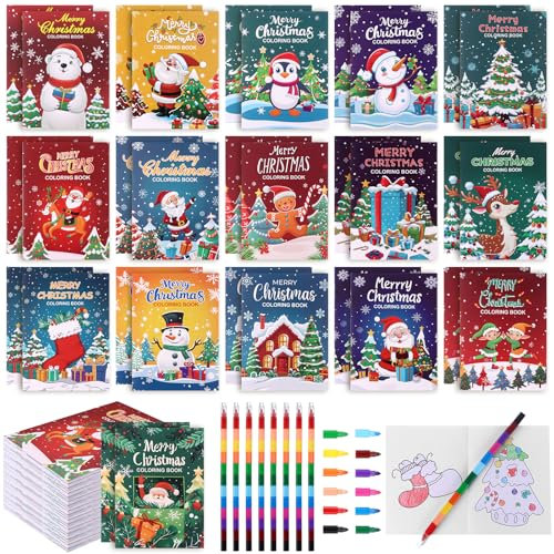 RUIYELE 32 Stücke Weihnachten Mini Malbücher Malhefte mit Bunte Stapelbare Wachsmalstifte Coloring Books Party Mitgebsel Ausmalbücher für DIY Geschenk Mitgebsel Geburtstag