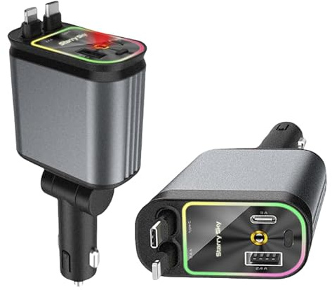 Starlight 4 in 1 Retractable Car Charger - Roof Mount, Star Night Light, Dual Type C Fast Charging Car Adapter, Adjustable Dual Retractable Cable USB Charger for Multi Device Charging