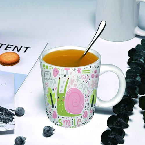 YOIUE Tasse aus Keramik - Große 11oz Tassen 330ml Kaffeetassen mit Henkel, 100% Handbemalt - Trinkgläser mit Griff - Weiß,Niedliche kleine Schnecke Humor Helix Charakter Augen Waschbecken Haustiere S