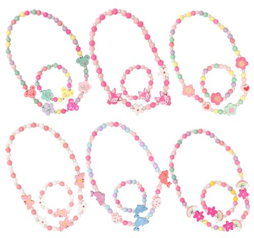 Sxutop 6 Set di Gioielli Bambini Braccialetti Amicizia per Bambina Gioielli in Legno Colorati Elasticità Braccialetti con Perline per Ragazze Principessa Collane Come Regalo di Compleanno per Ragazze