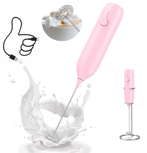 CIRCLE JOY Milk Frother Handheld Rechargeable Milk Foamer Electric Mini Drink Mixer with Stainless Steel Whisk for Coffee, Cappuccino, Lattes, Frappe, Matcha and Hot Chocolate, Pink