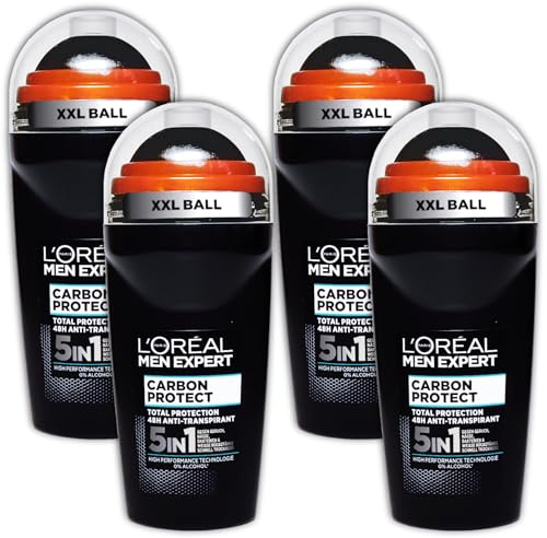 Confezione da 4 deodoranti L'Oréal Paris Roll-on Carbon Protect per uomini, deodorante 5 in 1, 4 x 50 ml