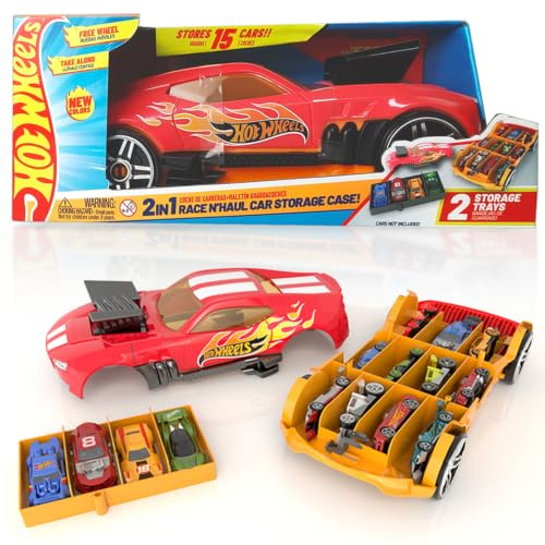 Hot Wheels Spielzeugkoffer 2-in-1 Race N' Haul Aufbewahrung & Transporter | Mit Rollen | Ausziehbarer Griff | Platz für bis zu 15 Spielzeugautos | Autos nicht enthalten