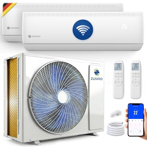 ZENIRO Multi Split Klimaanlage 2 Innengeräte Set (2 x 3,5kW) Klimagerät Air Conditioner mit Heizfunktion 21000 BTU 6,2kW A++ WiFi/App-Steuerung 4D AirFlow Heizen bis -20°C Vorgefüllt R32
