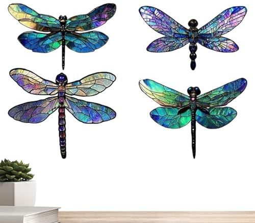 Metal Dragonfly Wall Decor - 4 Pieces Outdoor Hanging Dragonfly | Outdoor Colorful Garden Fence Art | Hanging Decorations For Living Room, Bedroom, Patio