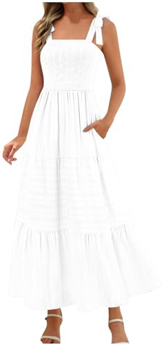 Robe longue d'été sans manches pour femme - Robe d'été smockée à bretelles - Robe de plage avec poches - Couleur unie - Robe de loisirs graduée