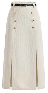 GORGLITTER Dam manchesterkjol elegant maxikjol med slits höstkjol med dragsko fritidskjol vinterkjol fritidskjol med knappar fram höst vinter, Beige, S