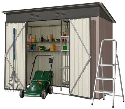 Metall Geräteschuppen 8x4 Fuß – Gartenhaus mit Belüftungsgitter & abschließbarer Tür – wetterfestes Gerätehaus für Rasenmäher & Fahrräder (Braun, 8x4 Fuß)