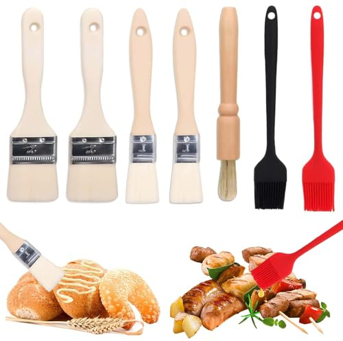 7 Pcs Pastry Brushes for Baking Set, Wooden Food Brush Silicone Pastry Brush, Cooking Brushes for Cooking Baking, Glazing Grilling and Oil Application Party and Kitchen