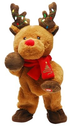 Festive Productions 37cm Animated Singing Dancing Reindeer – Plush Christmas Reindeer with Lights & Sound – Battery Operated Christmas Decoration