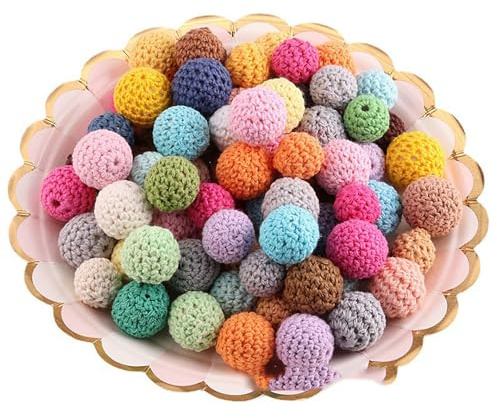 FengYour 30PCS Häkelperlen,Gehäkelt Holzperlen 20mm,Holzkugeln mit Loch Ketten Selber Machen Set, Bunt Runde Gehäkelte Perlen Auffädeln Handgefertigt Holzkugeln Häkelperle für DIY Schmuck Armband
