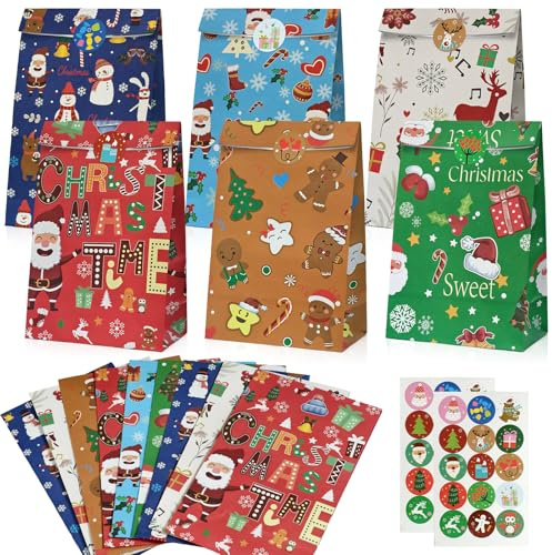 Geschenktüten Weihnachten, 30 Stück Klein Papiertüten weihnachten mit Aufkleber, geschenktüten Kraftpapier weihnachte klein für Geschenke Mitgebsel Süßigkeiten Party
