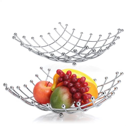 com-four® 2x frutero de acero inoxidable cromado, cesta decorativa plateada, cuenco de diseño moderno (Color plateado (cromado) - 2 piezas)