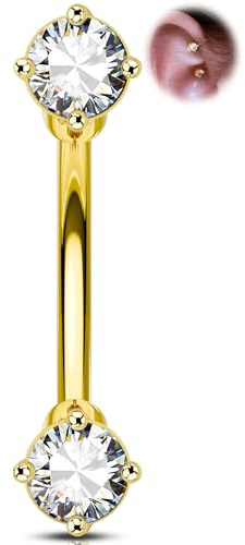 OUFER 16G Barbell curvo per sopracciglia in oro, gioiello per piercing a forma di rook in acciaio chirurgico 316L con 2 pietre CZ scintillanti, orecchino a elica in argento da 8 mm