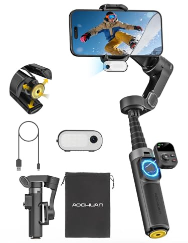 AOCHUAN AI Face Tracker Gimbal Stabilizer for iPhone w/Magnetic Remote, 360° Pan Rotation 3-Axis Gimbal for iPhone, Stabilizer w/Light, Built-in Extension Rod & One-Touch Open Tripod, Volg, Sport