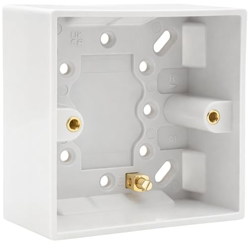 1 Gang 47mm Surface Pattress Box – Square 85x85mm White Back Box, BS5733 Compliant, Electrical Surface Mount Box