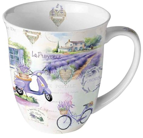 Ambiente Porzellan Tasse Bone China Becher, 400ml, Lavendel Design, 10 cm Durchmesser, für Tee oder Kaffee La Provence