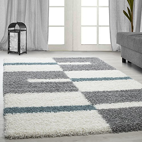 Carpetsale24 Hochflor Teppich 280 x 370 cm Blau-Grau – Weicher Shaggy Flokati im Karierten Design – XXL Wohnteppich für großzügige Räume wie Wohnzimmer, Schlafzimmer oder Essbereich – Modern