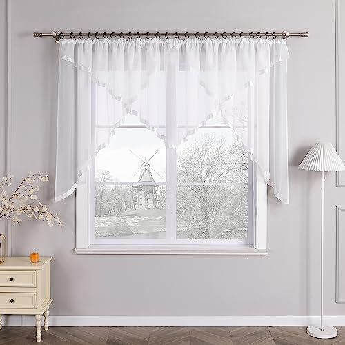 HongYa Kuvertstore transparenter Voile Gardine mit Satinbänder Kräuselband Vorhang H/B 145/450 cm Weiß