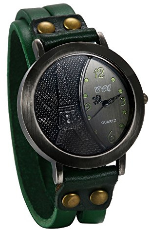 JewelryWe Damenuhr Eiffelturm Leder Armbanduhr: Retro Eiffelturm Design mit Strass Analog Quarz Armbanduhr Damen Herren Grün Lederarmband Wickelarmband Lässige Uhr mit Einfach Digital Zifferblatt