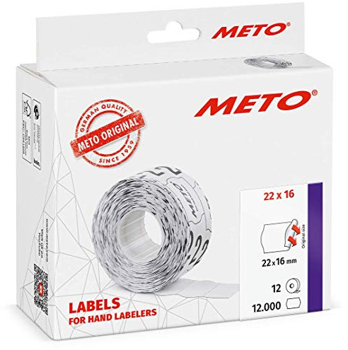 Meto Etiketten für Handauszeichner (22x16 mm, 2-zeilig, 12.000 Stück, weiß, permanent haftend, für METO, Contact, Sato, Avery, Tovel, Samark etc.)