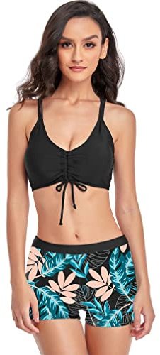 Jarseila Femme Maillot De Bain 2 Pièces Imprimé Bas de Bikini Shorty Taille Haute Bikinis Sexy Push Up Halterneck Bikini Top, Noir, XL