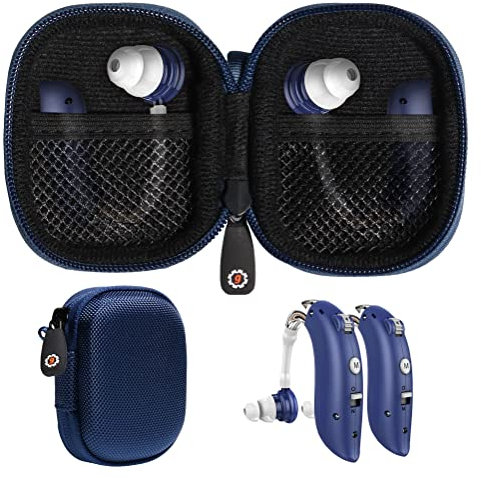 Schutzhülle für Hörgeräte, Hörverstärker, persönlicher Klangverstärker, Hörgerät, Hörgerät, starke Mini-Hülle mit Netztasche (Roségold) (Blau)