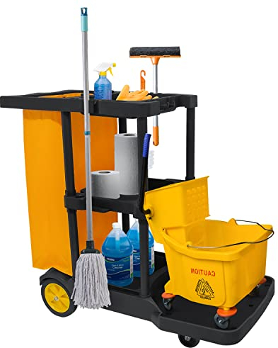 bimiti Carrello per la pulizia professionale con borsa extra grande, 113x56x93 cm, 3 ripiani, grande capacità, sacco della spazzatura da 65 l, giallo e nero