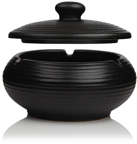 Zigaretten Aschenbecher Schwarz Keramik für Draussen mit Deckel Retro Windaschenbecher Geruchsdicht Outdoor Ashtray für Draußen Sturmaschenbecher für Home Office Schlafzimmer Balkon Couchtisch