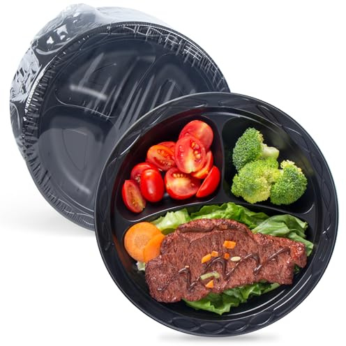 YANGRUI Disposable Plates BPA Free 9 Inch 150 Pack - Shrink Wrap Food Grade Mineral Filled PP | Reusable Microwave Safe Heat-Retention Design | Commercial Restaurant Black 3 Compartment Plastic Plate