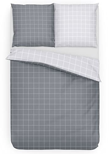 Träumschön Biber Bettwäsche Set 2tlg 155x220 cm + 80x80 cm – Flauschige Karierte Bettwäsche Grau – Weiche Winterbettwäsche mit Karo Design - Atmungsaktiv, Warm & Hautfreundlich - 100% Baumwolle