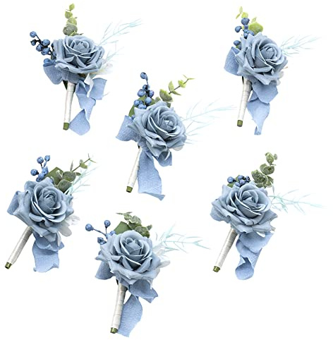 Ansofi Dusty Blue Boutonniere for Men Set of 6 for Groom Best Man Groomsmen Artificial Flowers Boutonniere for Wedding Ceremony Anniversary Formal Dinner Party Fall Vintage Rustic Marriage Prom