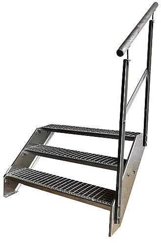 Kaminbau Mierzwa Premium Stahl Treppe Geländer Rechts Verzinkt 3 Stufen (Breite 1000 mm) (Höhe 57 cm) Wetterfest Gitterroststufe Gartentreppe