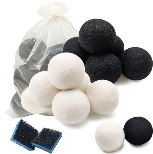 Daily Treasures Wool Dryer Balls 12 Pack-Organic Wool Laundry Balls for Dryer, Natural Fabric Softener for Sensitive Skin, Reusable Laundry Dryer Balls Reduce Wrinkles & Drying Time(White & Black)