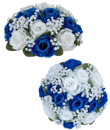 BLOSMON Kunstblumen Rosen Schleierkraut Blumenstrauß: 2 Stück Royalblau Künstliche Rose Gypsophila Seiden Blumen Blumenkugel für Hochzeitsdeko Party Tafelaufsätze Dekoration Tisch Zuhause Zimmer Deko