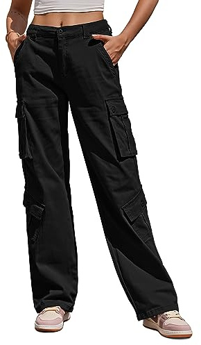 Fuakesor Cargohose Damen Baggy Y2K Multi Taschen High Waist Stretch Wanderhose Sport Jogginghose mit Elastischen Knöcheln(Schwarz,XL)