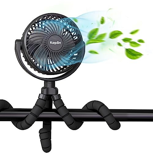 KEPLIN Portable Rechargeable Pram Fan Clip, 5000mAh Battery, 3 Speeds, 360° Tripod Clips Fan for Stroller, Pushchair, Car, Desk, Baby Pram Fans Clip On Stroller, Rotatable & Detachable (Black)