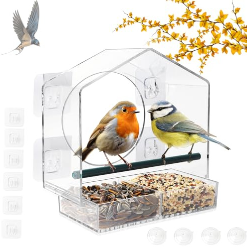 EXLECO Vogelhaus Fenster Futterhaus Transparent Acryl Vogelfutterspender Vogelhäuschen Vogelhaus Fensterscheibe Vogelhaus Balkon mit 4 Saugnäpfen 6 Haken für Meisen Spatzen Wildvögel