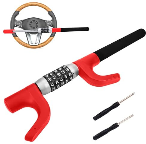 I LITTON Red Car Steering Wheel Lock Anti Theft Device, Heavy Duty Car Steering Wheel Keyless Lock Car Lock Adjustable High Security Anti Theft Steering Wheel Lock for Car RV Van, Red