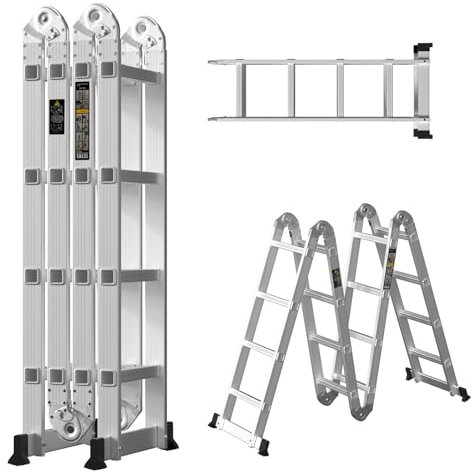 15.4FT Telescoping Ladder, 4.7M Extension Folding Ladder, Multi Purpose Portable Home Ladder with Anti Slip Pad and One Tool Tray, Folded Height 123CM (Aluminum)