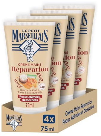 Le Petit Marseillais | Crème Mains Réparation Peaux Abîmées et Desséchées (lot de 4 tubes de 75 ml) – Crème réparatrice au beurre de karité, aloès et cire d'abeille – Soin des mains confort 24 h