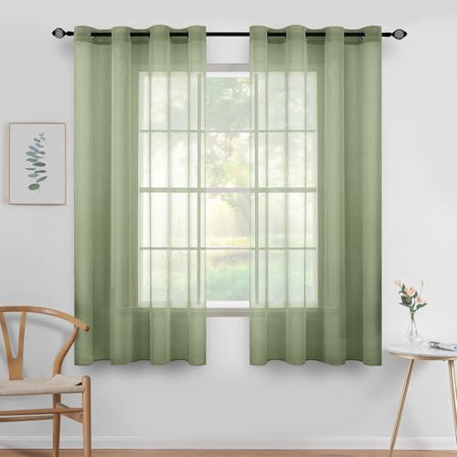 MIULEE Kurzvorhang mit Ösen transparent 140x145 cm 2er Set Salbeigrün | Sheer Voile Kurzgardine und Ösenschal, lichtdurchlässiger luftig Vorhang für Küche, Wohnzimmer, Schlafzimmer, Bad, dekorativ