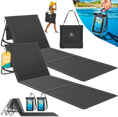 KESSER® 2er Set Strandmatte klappbar mit Verstellbarer Rückenlehne, Tragegurt, wasserdichter Tasche & Aufbewahrung – Faltbare Sonnenliege für Strand, Garten & Terrasse je 130 kg belastbar