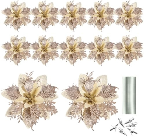 Operitacx 12 Stück Künstlicher Blitz weihnachtsblumen Mit Klammern und Blumenstielen, 15 cm weihnachtsbaumschmuck Blume weihnachtsstern künstlich Für Selbstgemachte Kränze, Blumensträuße und Weihnach